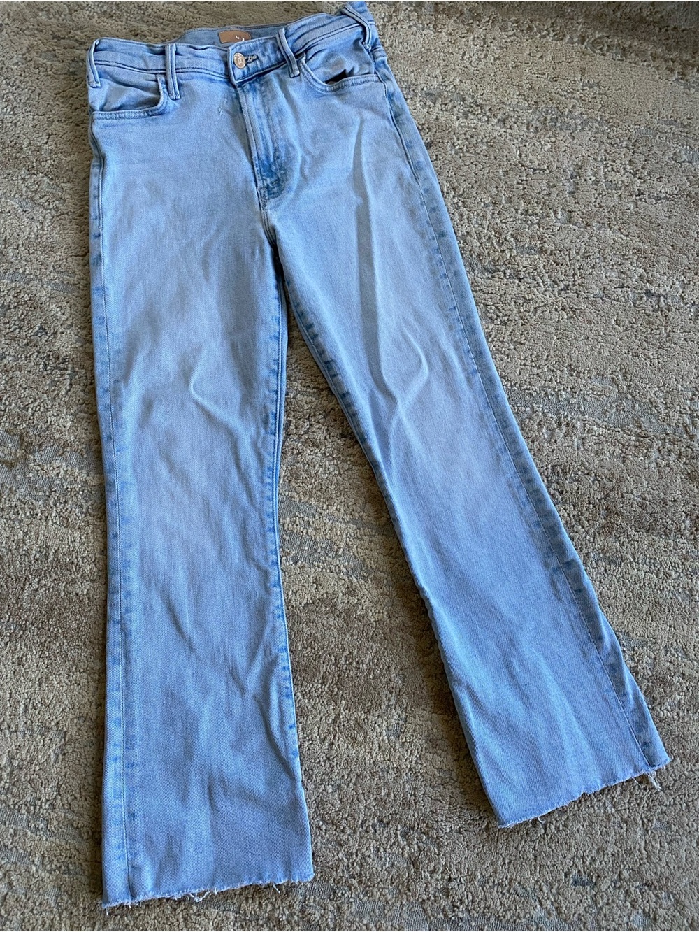 Mother The Hustler Ankle Fray Lost Art Raw Hem Light Wash Blue Flared Jeans: 28